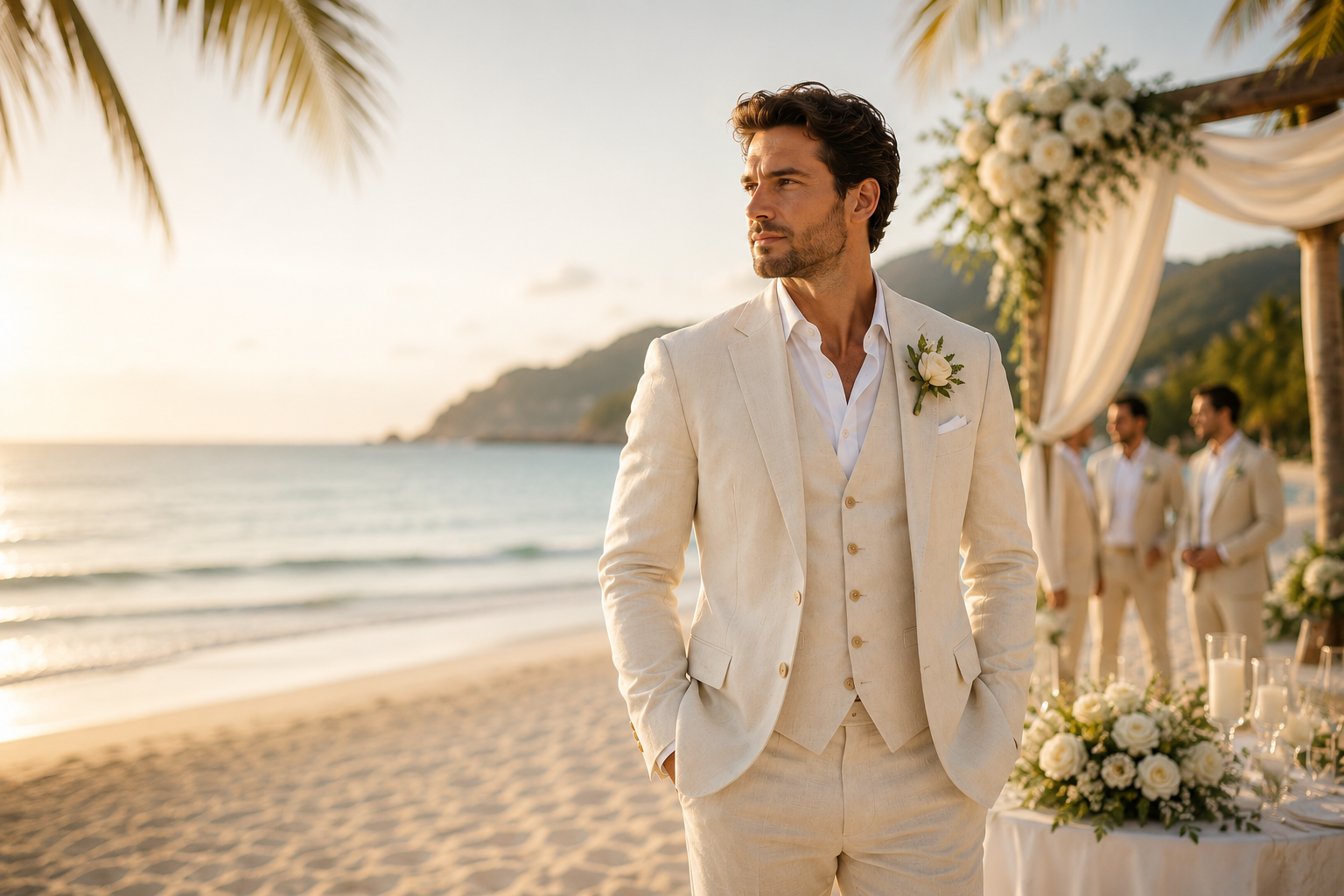 Custom bespoke ivory white linen beach wedding suit in Hua Hin